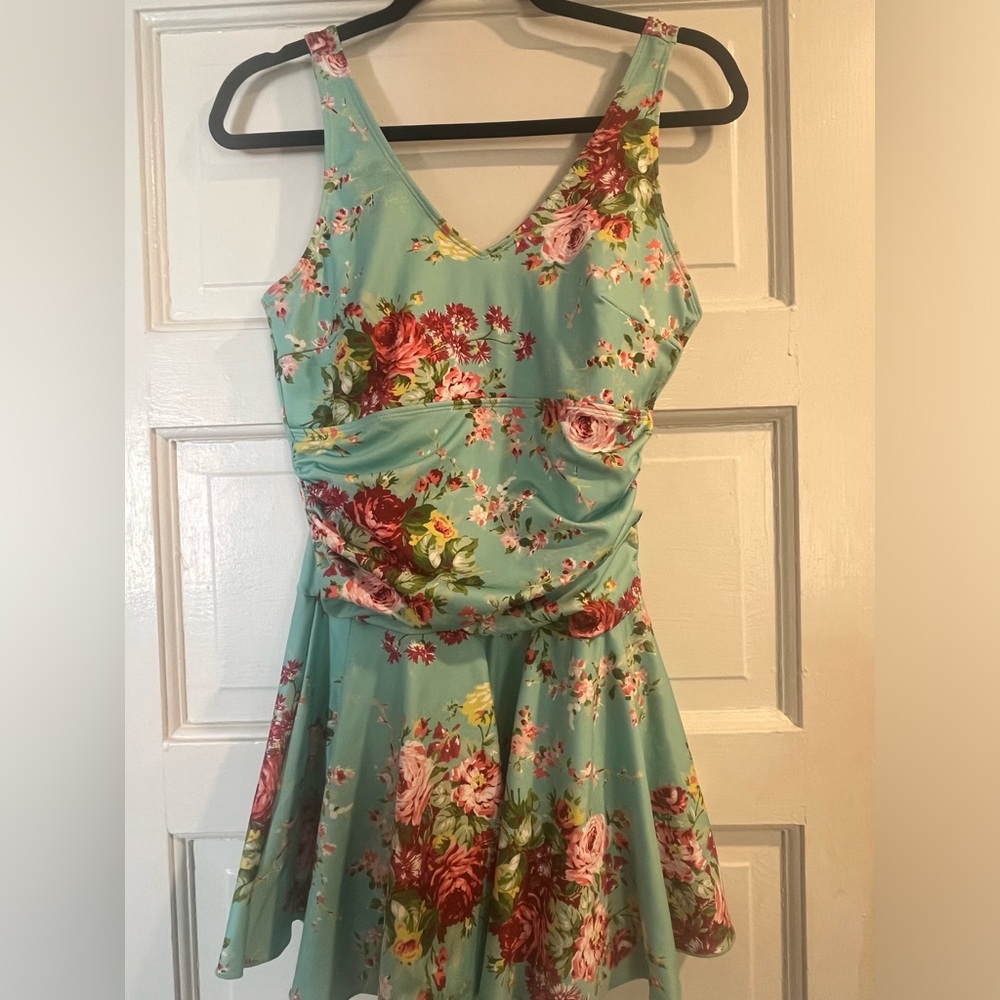 April Cornell One Piece Skirted Turquoise Teal Floral Swimsuit
